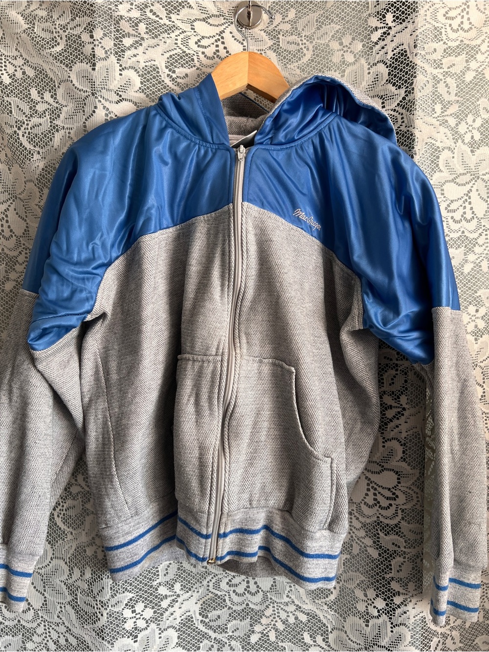 Vintage Blue and Gray Hooded Varsity Jacket